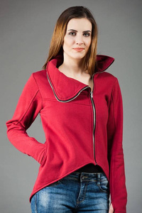  Bluza asymetryczna, Bluza damska bordowa, marynarka damska ze stójką  Bluza bawełniana