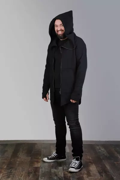 Bluza czarna męska  z kapturem asymetryczna bawełniana, długa bluza na zamek męska , czarna bluza męska z kapturem w szpic , duże rozmiary, polski produkt, polski projektant