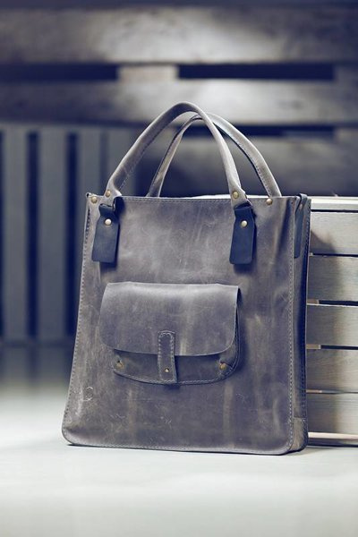 Torba skórzana, torba shopperka, szara duża torba handmade, damska aktówka