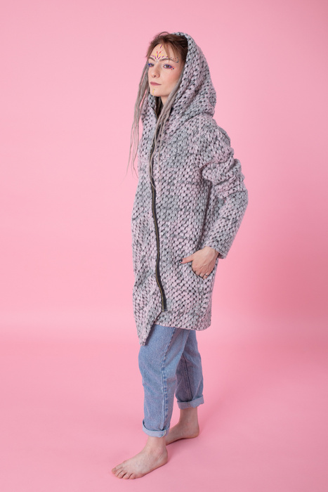 Płaszcz wełniany, Płaszcz z kapturem, Odzież Plus Size, Płaszcz asymetryczny, Odzież wełniana, Szary płaszcz, Płaszcz z kapturem, Płaszcz zimowy