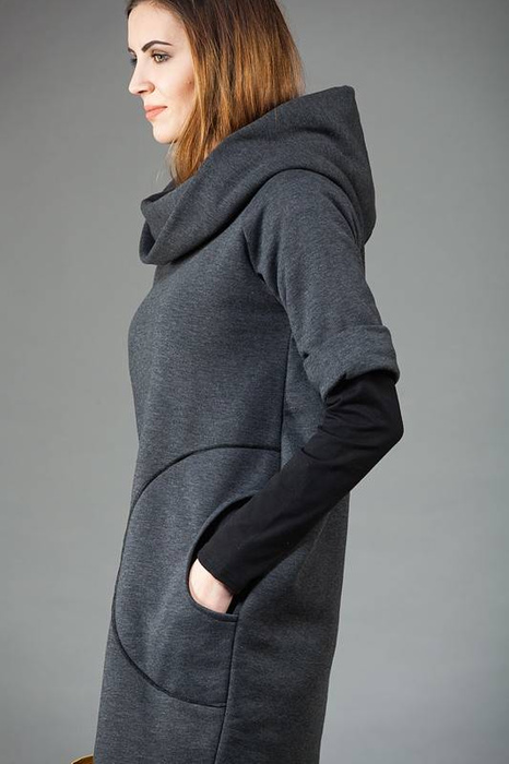 Tunika z kapturem, sukienka z dzianiny , luźna tunika z długim rękawem
