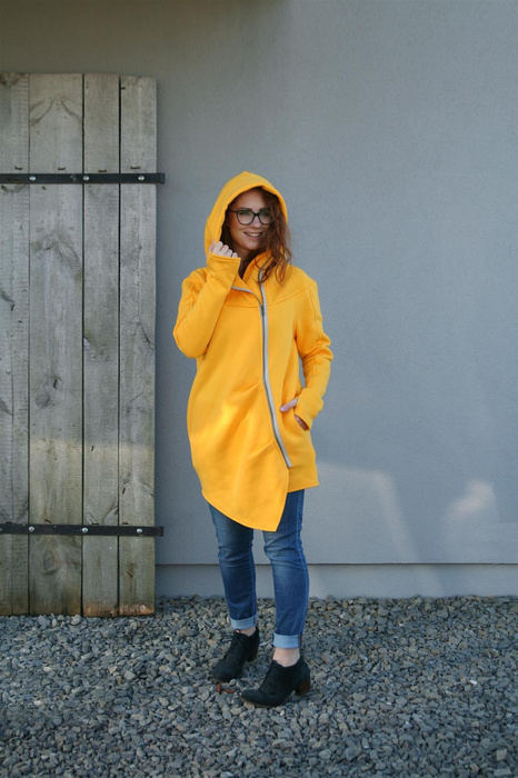 Żółta bluza bawełniana długa luźna z kieszeniami, płaszcz asymetryczny Polska bawełna, Handmade