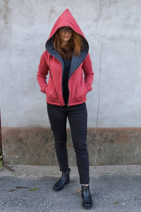 Bluza bawełniana, niestandardowe rozmiary, ramoneska damska , cyber kaptur, krótka bluza malinowa, skośny zamek