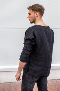 koszula lnianaczarna męska, bluza z długim rękwaem z lnu, czarna lniana koszulka męska