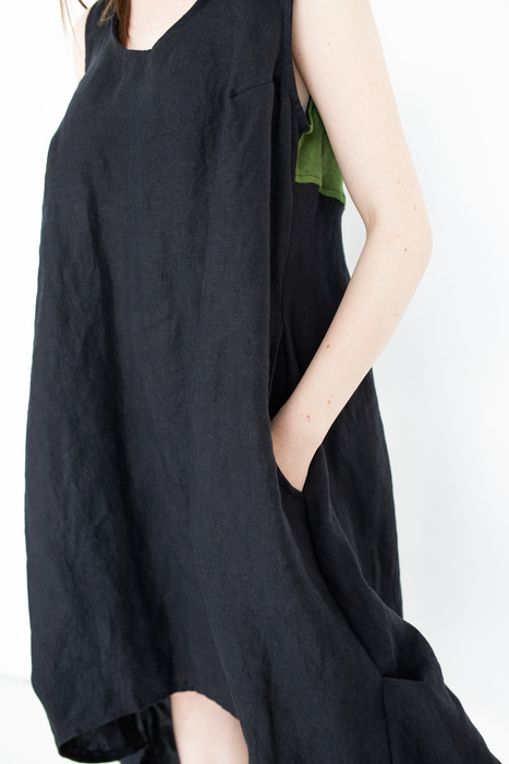 asymetryczna czarna lniana sukienka ,sukienka krótka lniana, luźna sukienka z lnu czarnego