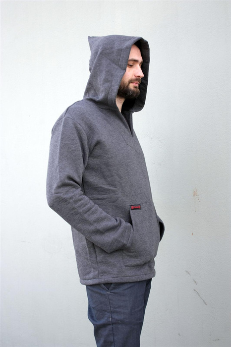 Bluza męska typu kangur, wielki obszerny cyber kaptur, męska szara bluza