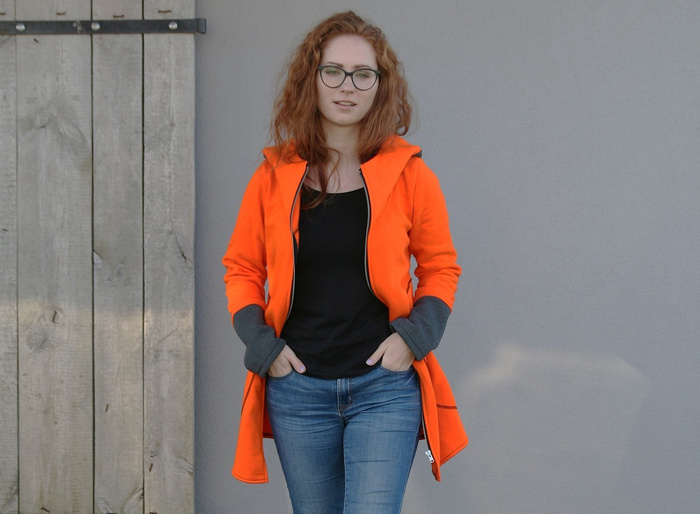 Pomarańczowa bluza na zamek, Długa bluza, Odzież Plus Size,