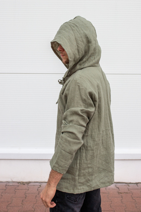 koszula lniana męska , bluza z lnu męska z kapturem , męska tunika z kapturem lniana, zielona bluza męska polski len, polski produkt