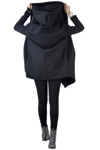 Bluza z kapturem, Szyta na twoja miarę, bluza płaszcz czarny asymetryczny , gotyk styl, długa bluza z kapturem damska Polska bawełna