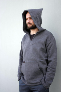 Bluza męska typu kangur, wielki obszerny cyber kaptur, męska szara bluza