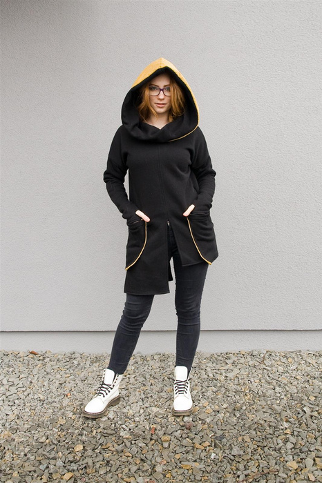 Bluza asymetryczna czarno żółta , długa tunika z kapturem