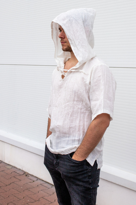 Tunika męska z kapturem lniana wiązana męska koszulka lniana, tunika męska lniana , letnia lniana koszula męska, biała koszula z polskiego lnu męska