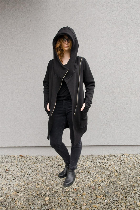 Bluza czarna na azmek, Bluza z kapturem, długi płaszcz asymetryczny