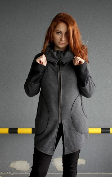 Bluza damska ze stójką, duże kieszenie długa szara , Hand made, Unikalne projkety,