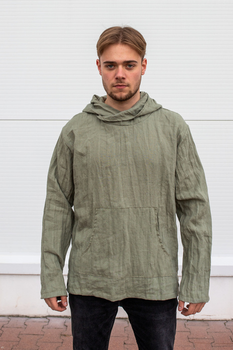 Tunika męska lniana , kangur męski lniany, Polski len , koszula męska lniana , bluza lniana męska na lato, zielona lniana koszulka z długim rękawem