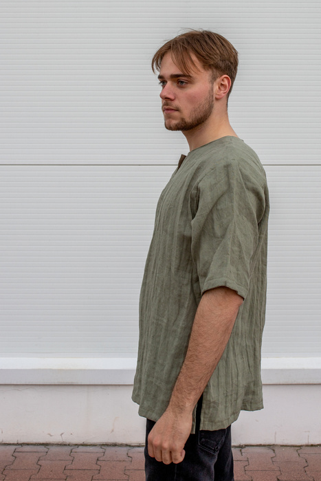 Koszulka męska lniana , tunika męska lniana , zielona koszula z krótkim rękawem z polskiego lnu , tunika męska lniana