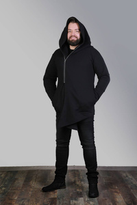 Męska bluza z kapturem, płaszcz z kapturem w szpic męska, bluza długa męska, czarna bluza męska