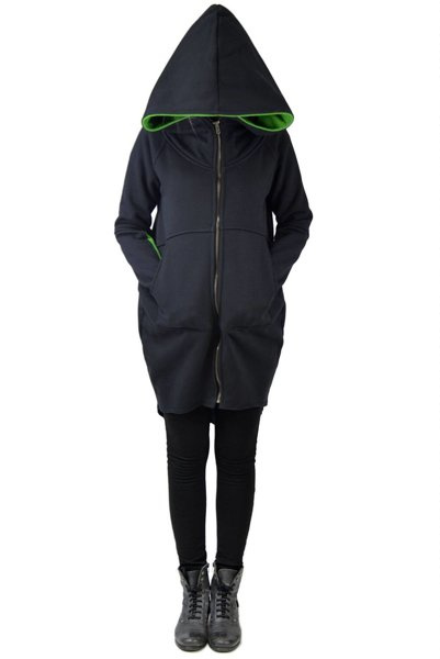 Bluza czarno zielona z kapturem, damska, bluza szeroka w biodrach, luźny krój  Wygodna i ciepła bluza, Handmade