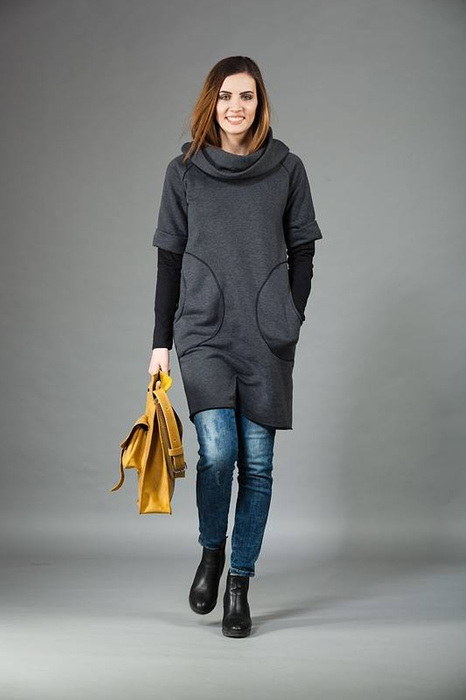 Tunika z kapturem, sukienka z dzianiny , luźna tunika z długim rękawem