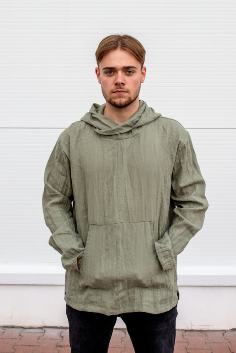 Tunika męska lniana , kangur męski lniany, Polski len , koszula męska lniana , bluza lniana męska na lato, zielona lniana koszulka z długim rękawem