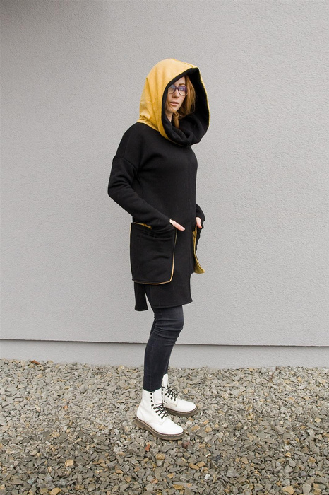 Bluza asymetryczna czarno żółta , długa tunika z kapturem