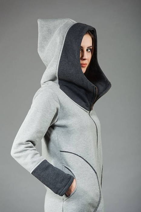 Kurtka z kapturem, Długa bluza z kapturem, Kurtka damska, Odzież Plus Size, Kurtka bawełniana, Kurtka z długim rękawem, Kurtka z zamkiem, Handmade