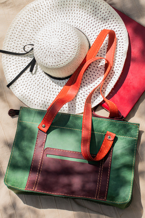 torebka kolorowa skórzana, ręcznie robiona teczka na ramię , aktówka skórzana