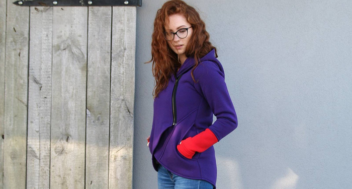 Bluza z kapturem, Asymetryczna bluza, krótka bluza fioletowa