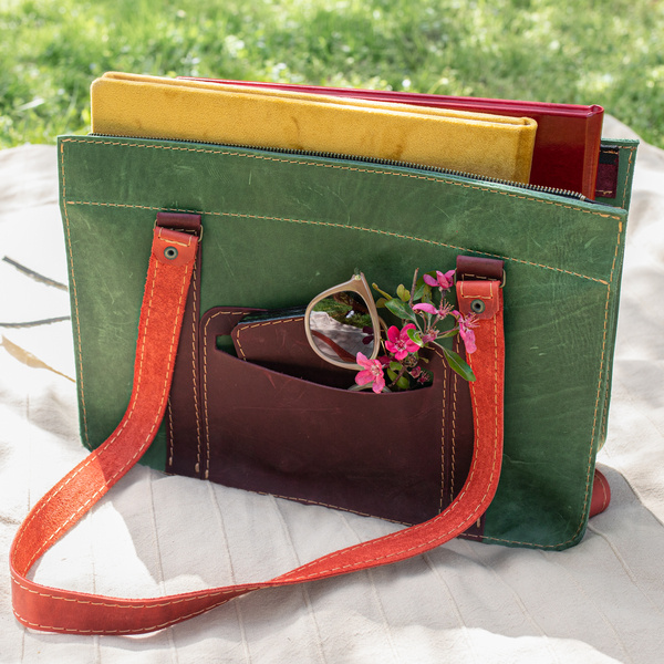 torebka kolorowa skórzana, ręcznie robiona teczka na ramię , aktówka skórzana