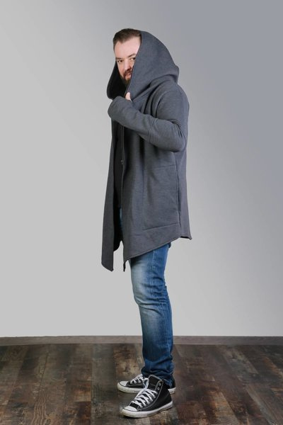 Bluza grafitowa  męska  z kapturem, Asymetryczna bluza męska