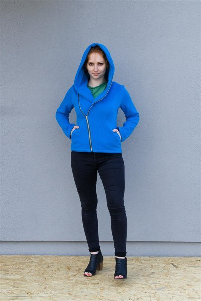 Bluza asymetryczna krótka , niebieska bluza damska, ramoneska