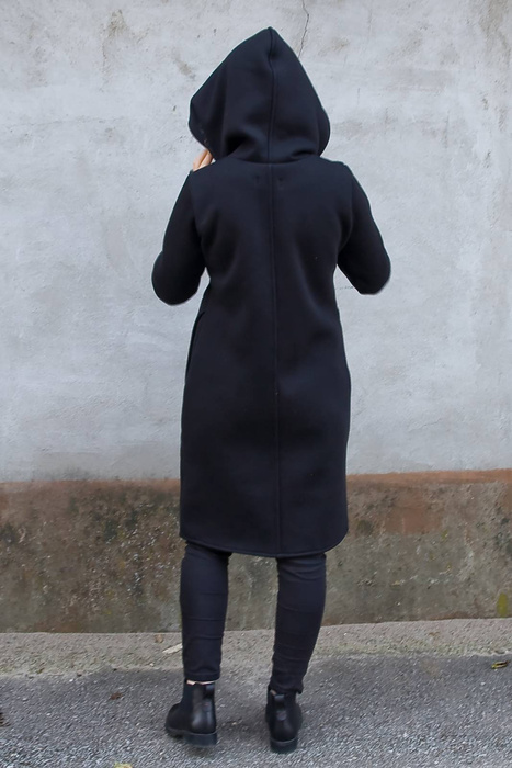 Płaszcz czarny, bluza długa czarna, trencz z kapturem, dzianinowy płaszcz bawełniany