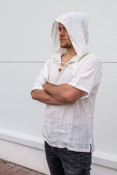 Tunika męska z kapturem lniana wiązana męska koszulka lniana, tunika męska lniana , letnia lniana koszula męska, biała koszula z polskiego lnu męska