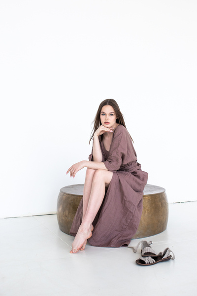 Sukienka lniana długa  polski len miękki, długa szlafrokowa sukienka z lnu, brązowa sukienka z kieszeniami sukienka lniana