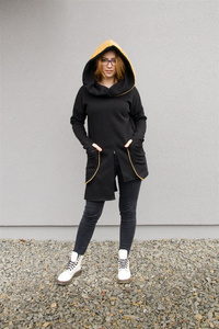 Bluza  asymetryczna czarno żółta , długa tunika z kapturem 