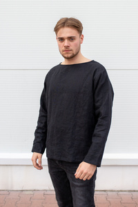 koszula lnianaczarna męska, bluza z długim rękwaem z lnu, czarna lniana koszulka męska