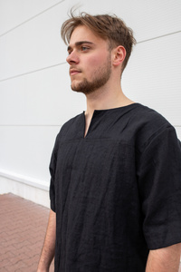 tunika, koszulka lniana męska, czarny len, czarna męka koszulka lniana, polski len polska produkt