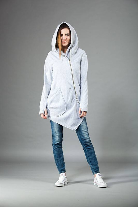 Bluza asymetryczna długa na zamek, bluza damska, płaszcz bawełniany szary