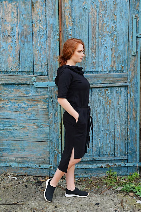 Sukienka czarna bawełniana, asymetryczna mała czarna , sukienka z kapturem