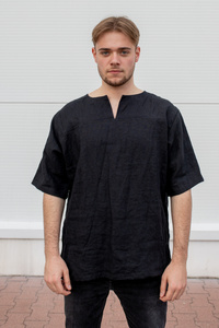 tunika, koszulka lniana męska, czarny len, czarna męka koszulka lniana, polski len polska produkt