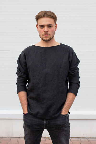 koszula lnianaczarna męska,  bluza z długim rękwaem  z lnu, czarna lniana koszulka męska