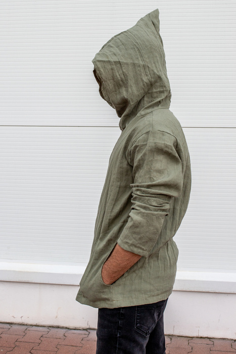 Tunika męska lniana z kapturem Polska produkcja , lniana bluza męska, męska tunika , kangurek męski z lnu , koszula męska na lato z lnu , polski projektant