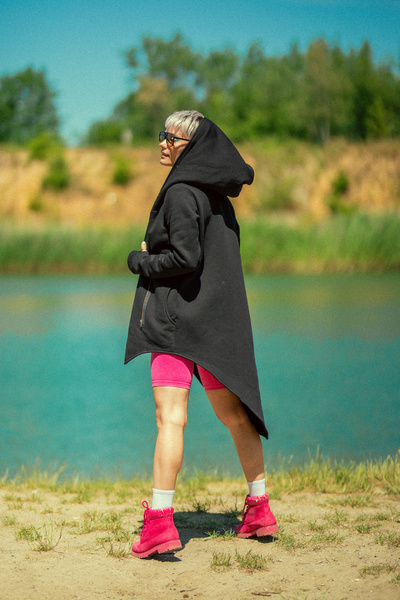 Asymetryczna bluza z kapturem, czarna bluza na zamek