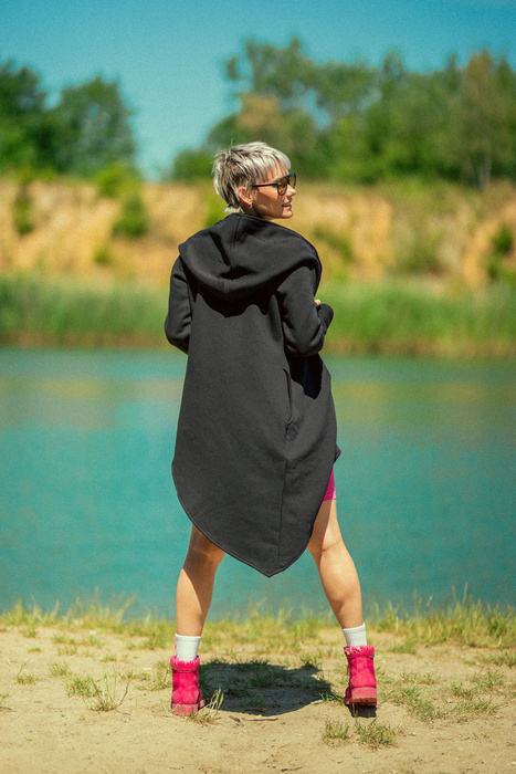 Asymetryczna bluza z kapturem, czarna bluza na zamek