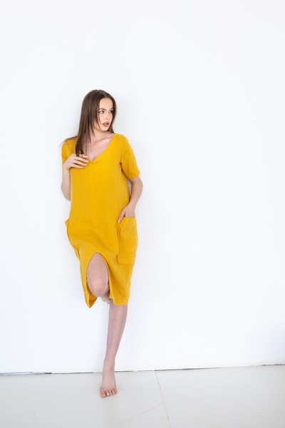 Sukienka lniana polski len miękki, żółta krótka luźna sukienka z lnu, polski len, polski projektant