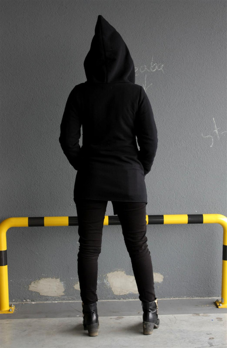 Bluza damska długa z kapturem w szpic, gotycki styl, damski krótki płaszcz na zamek