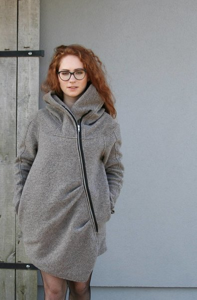 Płaszcz wełniany, Płaszcz z kapturem, Odzież Plus Size, Płaszcz asymetryczny, Odzież wełniana, Szary płaszcz, Płaszcz z kapturem, Płaszcz zimowy