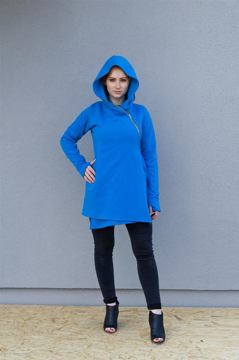 Bluza niebieska kopertowa damska, długa na zamek bluza asymetryczna, duży kaptur i kieszenie