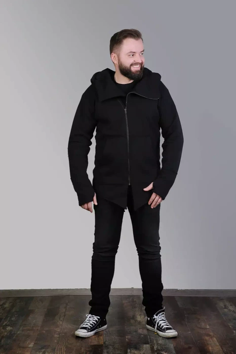 Bluza czarna męska z kapturem asymetryczna bawełniana, długa bluza na zamek męska , czarna bluza męska z kapturem w szpic , duże rozmiary, polski produkt, polski projektant