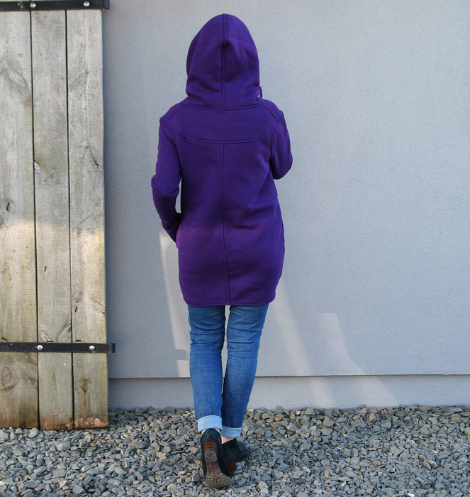 Bluza asymetryczna, płaszcz damski fioletowy
